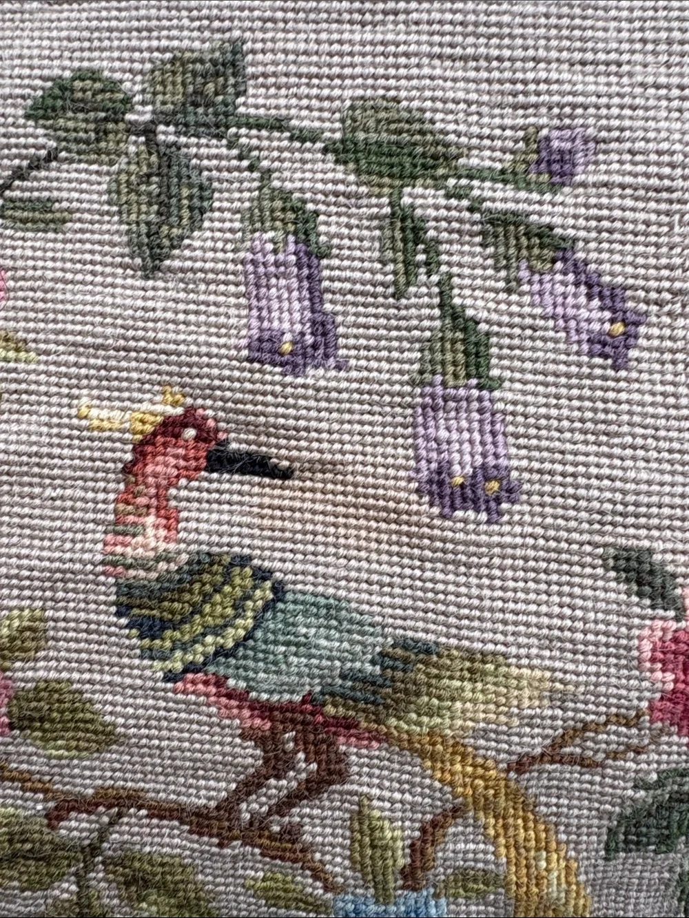 Hand-Embroidered Bird & Floral Needlepoint Pillow Cover - Pastel Colors